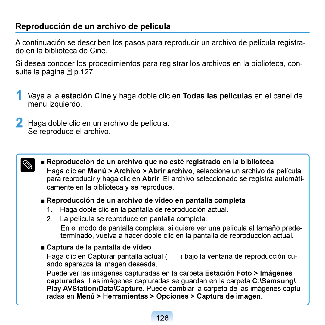 Samsung NP-Q1-V005/SEI, NP-Q1-V000/SES manual Reproducción de un archivo de película, 126, Captura de la pantalla de vídeo 