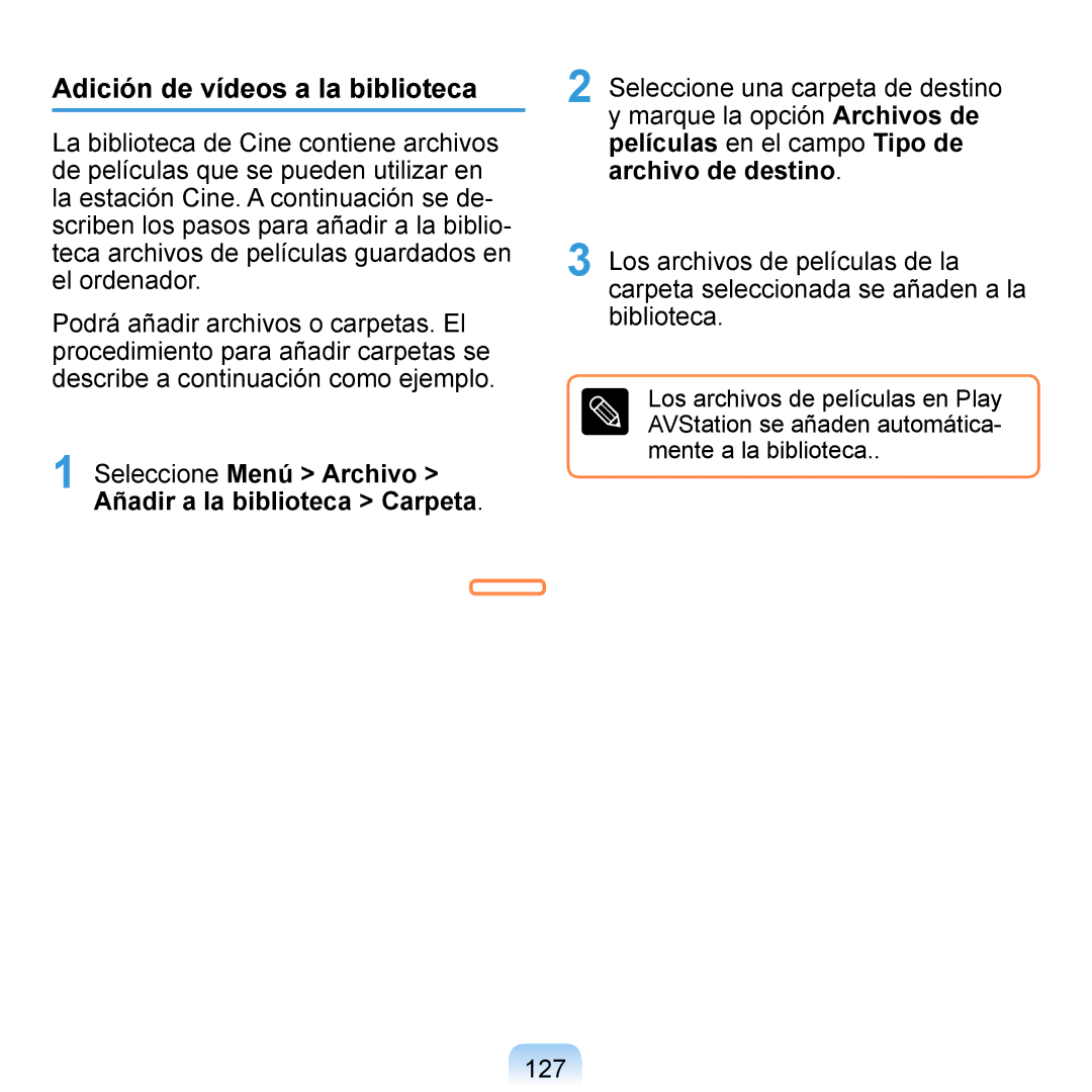 Samsung NP-Q1-V000/SES, NP-Q1-V005/SEI, NP-Q1-M000/SES manual Adición de vídeos a la biblioteca, 127 