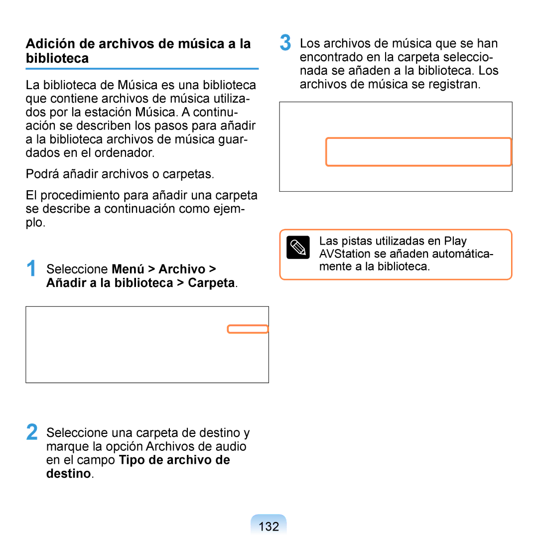 Samsung NP-Q1-V005/SEI, NP-Q1-V000/SES, NP-Q1-M000/SES manual Adición de archivos de música a la biblioteca, 132 