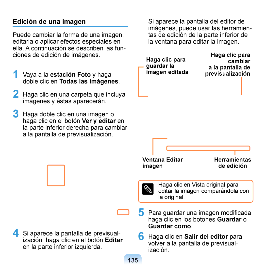 Samsung NP-Q1-V005/SEI, NP-Q1-V000/SES manual Edición de una imagen, 135, Ventana Editar Herramientas Imagen De edición 