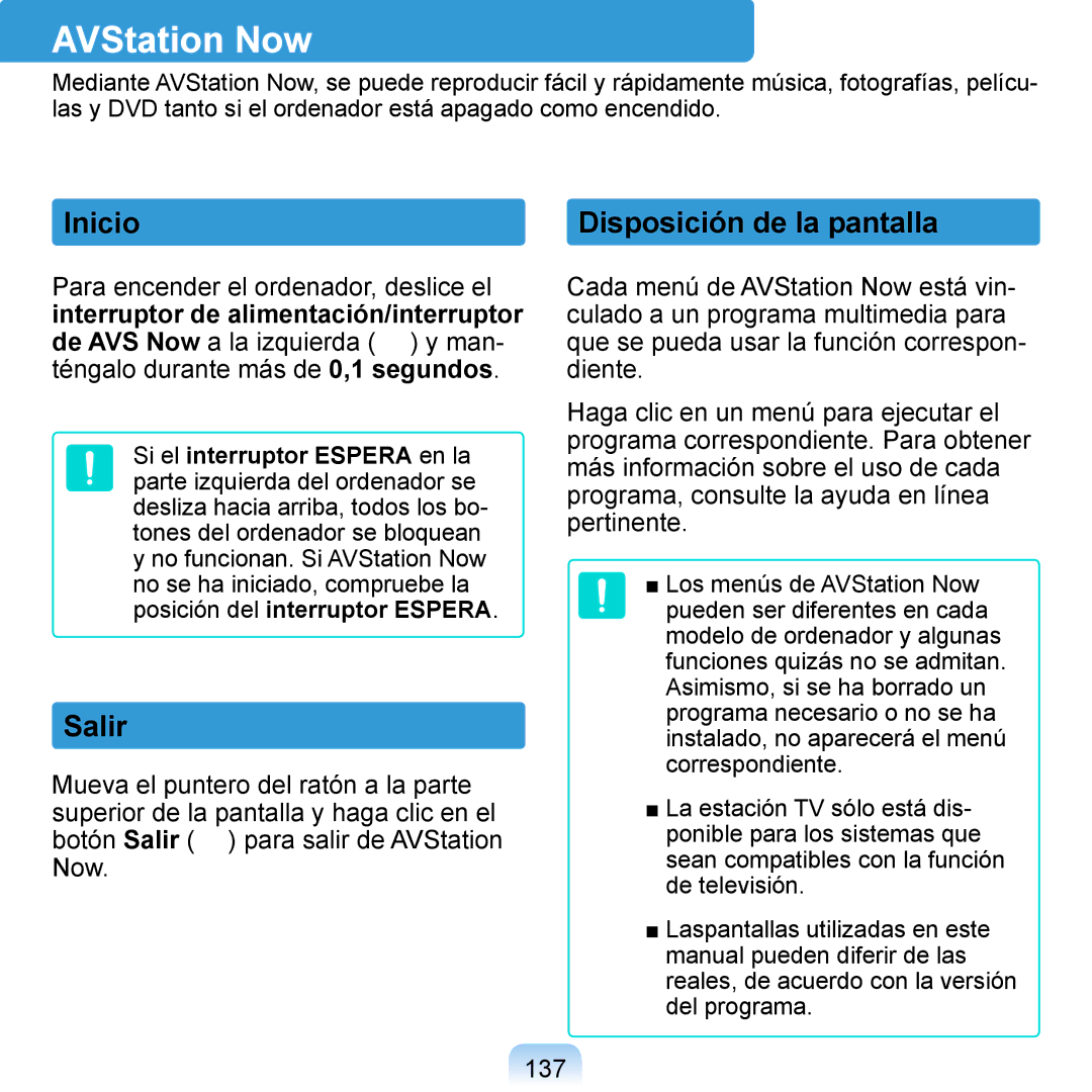 Samsung NP-Q1-M000/SES, NP-Q1-V005/SEI, NP-Q1-V000/SES manual AVStation Now, Inicio Disposición de la pantalla, Salir, 137 