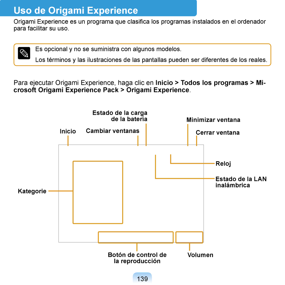 Samsung NP-Q1-V000/SES, NP-Q1-V005/SEI Uso de Origami Experience, Crosoft Origami Experience Pack Origami Experience, 139 