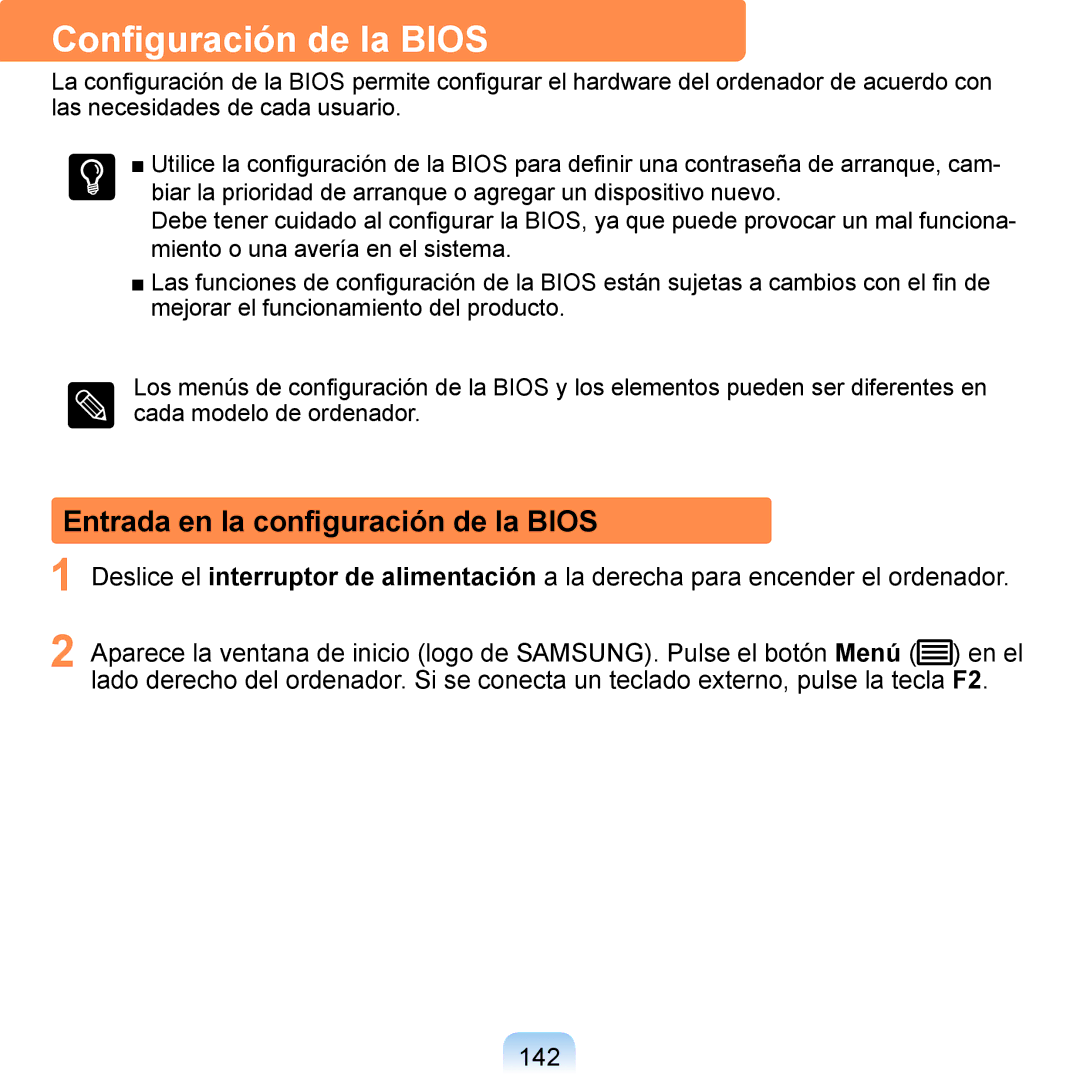 Samsung NP-Q1-V000/SES, NP-Q1-V005/SEI, NP-Q1-M000/SES Conﬁguración de la Bios, Entrada en la conﬁguración de la Bios, 142 