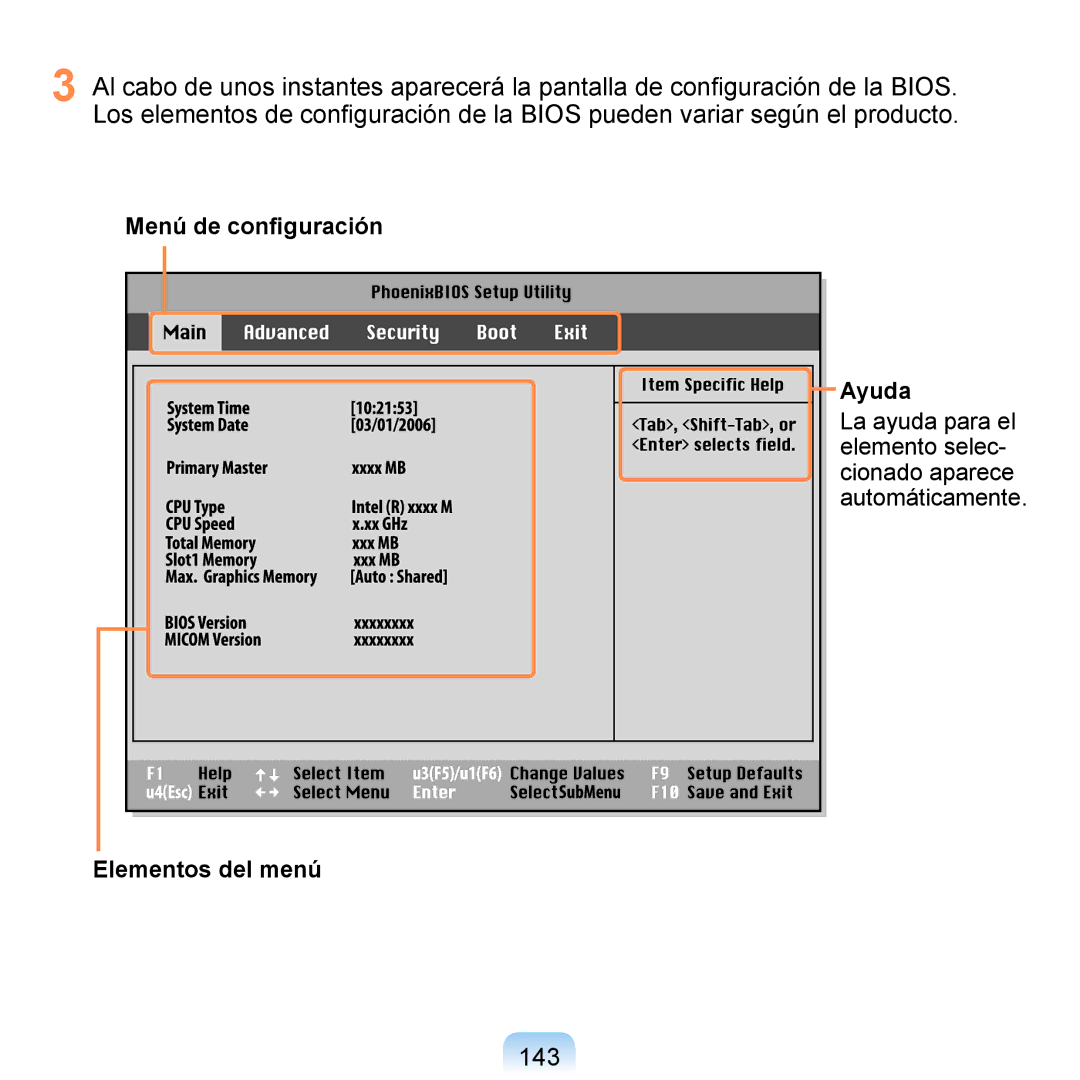 Samsung NP-Q1-M000/SES, NP-Q1-V005/SEI, NP-Q1-V000/SES manual 143, Menú de conﬁguración Ayuda, Elementos del menú 