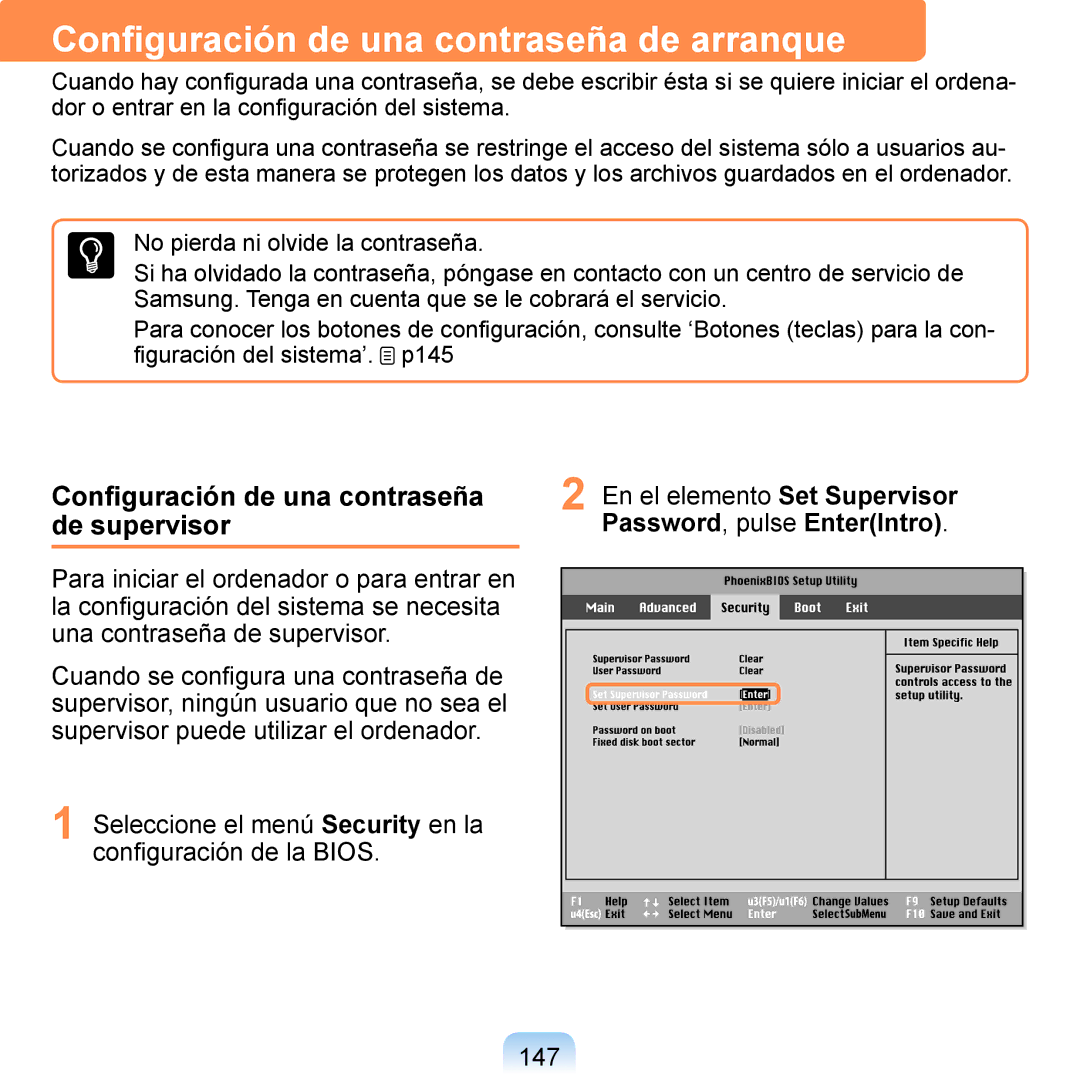 Samsung NP-Q1-V005/SEI manual Conﬁguración de una contraseña de arranque, De supervisor, En el elemento Set Supervisor 