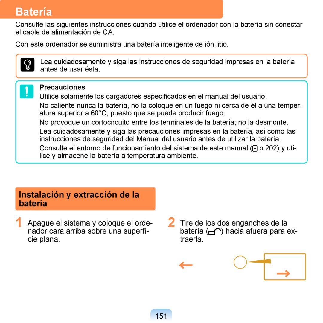 Samsung NP-Q1-V000/SES, NP-Q1-V005/SEI, NP-Q1-M000/SES manual Batería, Instalación y extracción de la batería, Precauciones 