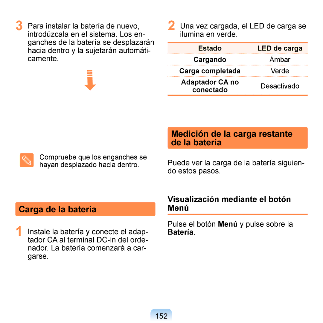 Samsung NP-Q1-M000/SES, NP-Q1-V005/SEI Medición de la carga restante de la batería, Carga de la batería, Ilumina en verde 