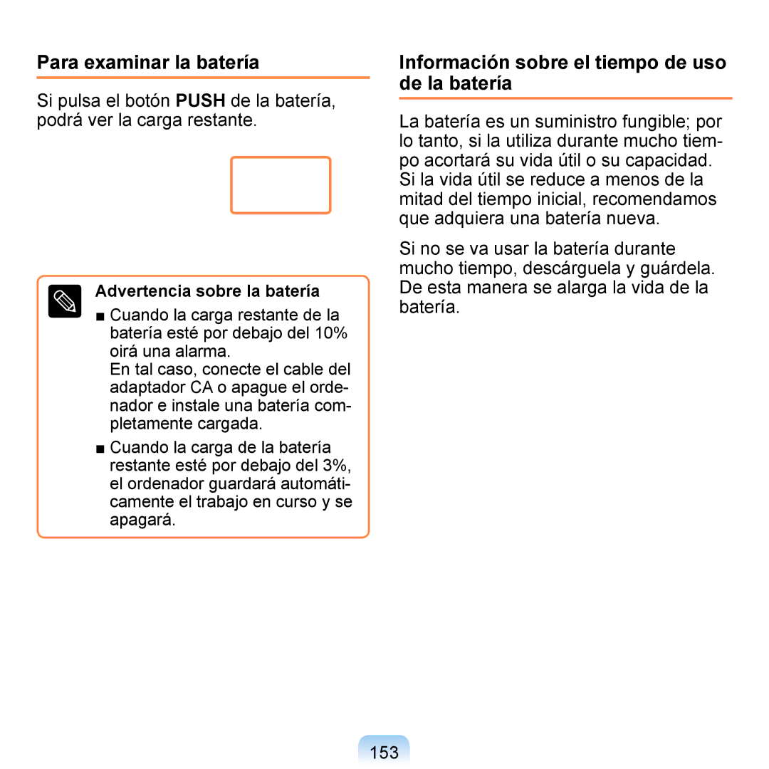 Samsung NP-Q1-V005/SEI, NP-Q1-V000/SES manual Para examinar la batería, Información sobre el tiempo de uso de la batería 