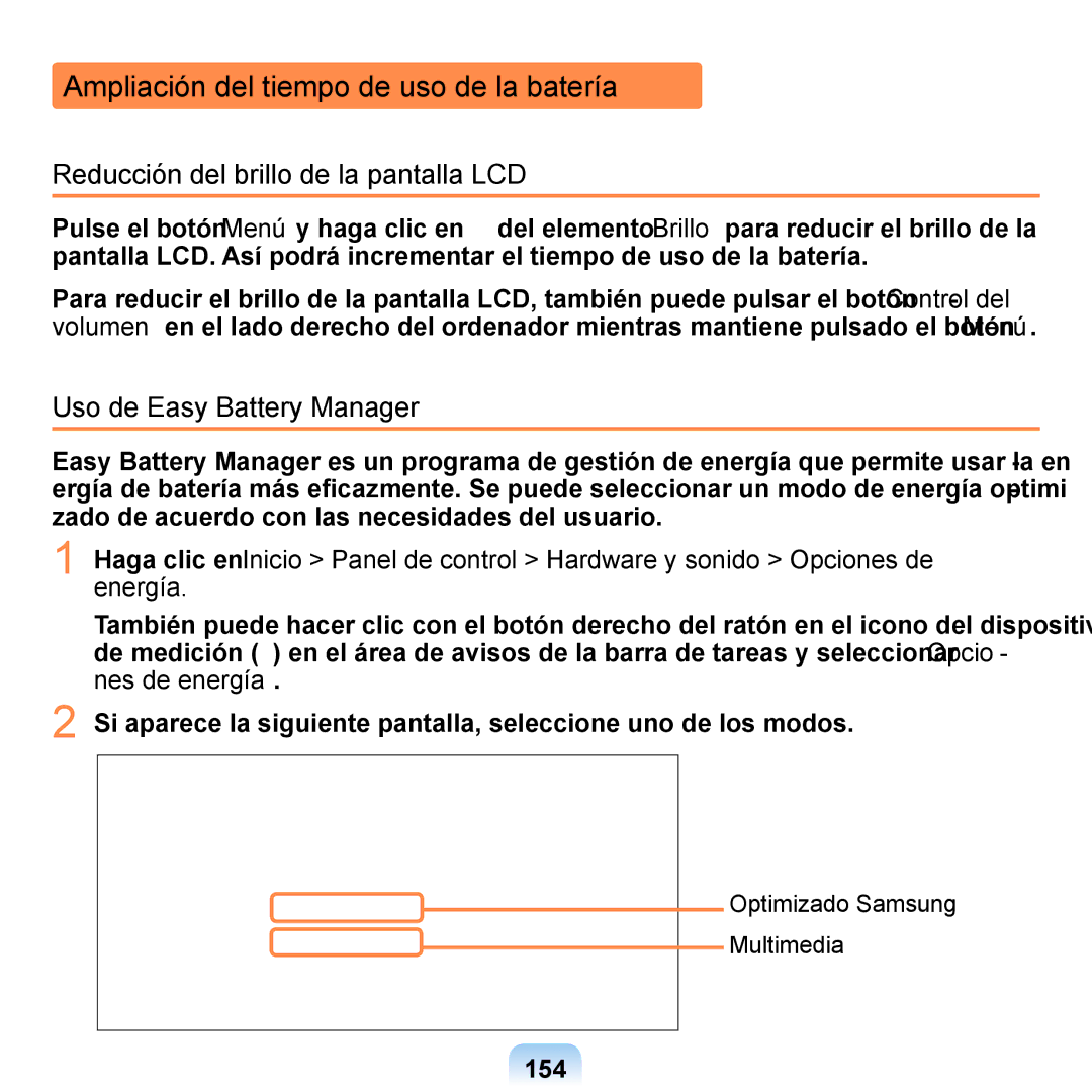 Samsung NP-Q1-V000/SES manual Ampliación del tiempo de uso de la batería, Reducción del brillo de la pantalla LCD, 154 