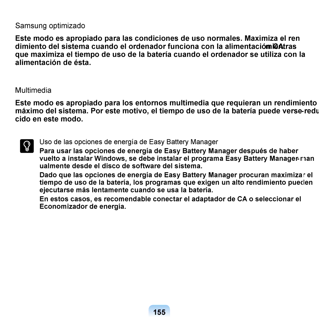 Samsung NP-Q1-M000/SES manual Samsung optimizado, Multimedia, 155, Uso de las opciones de energía de Easy Battery Manager 