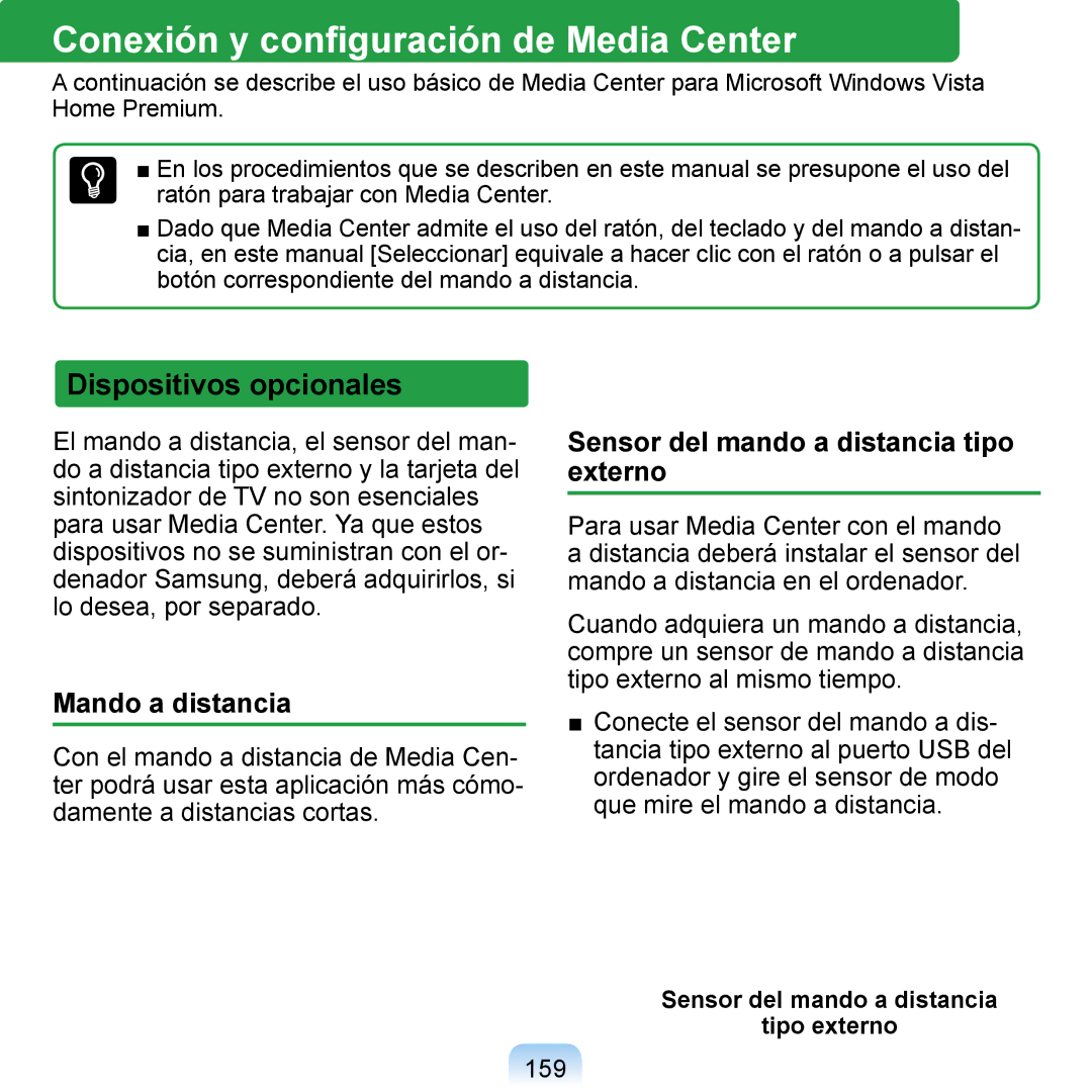 Samsung NP-Q1-V005/SEI manual Conexión y conﬁguración de Media Center, Dispositivos opcionales, Mando a distancia, 159 