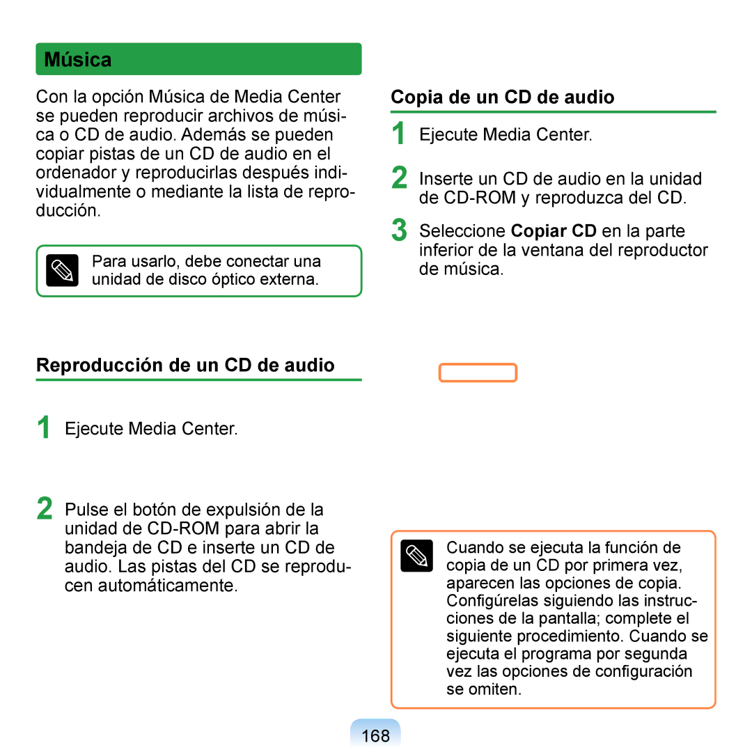 Samsung NP-Q1-V005/SEI, NP-Q1-V000/SES, NP-Q1-M000/SES manual Música, Copia de un CD de audio, 168 