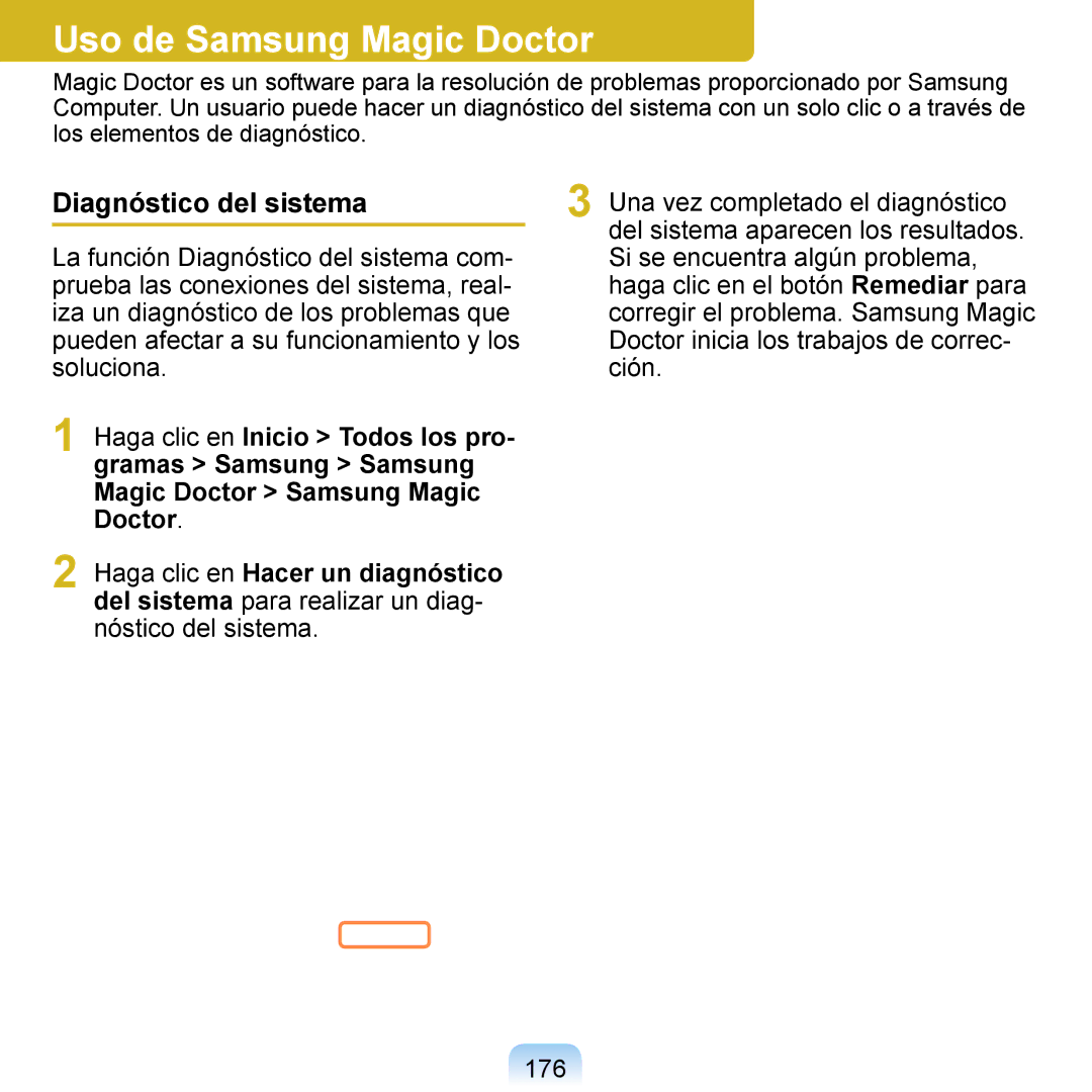 Samsung NP-Q1-M000/SES, NP-Q1-V005/SEI, NP-Q1-V000/SES manual Uso de Samsung Magic Doctor, Diagnóstico del sistema 