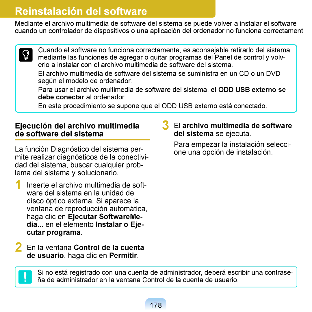 Samsung NP-Q1-V000/SES manual Reinstalación del software, Ejecución del archivo multimedia de software del sistema, 178 