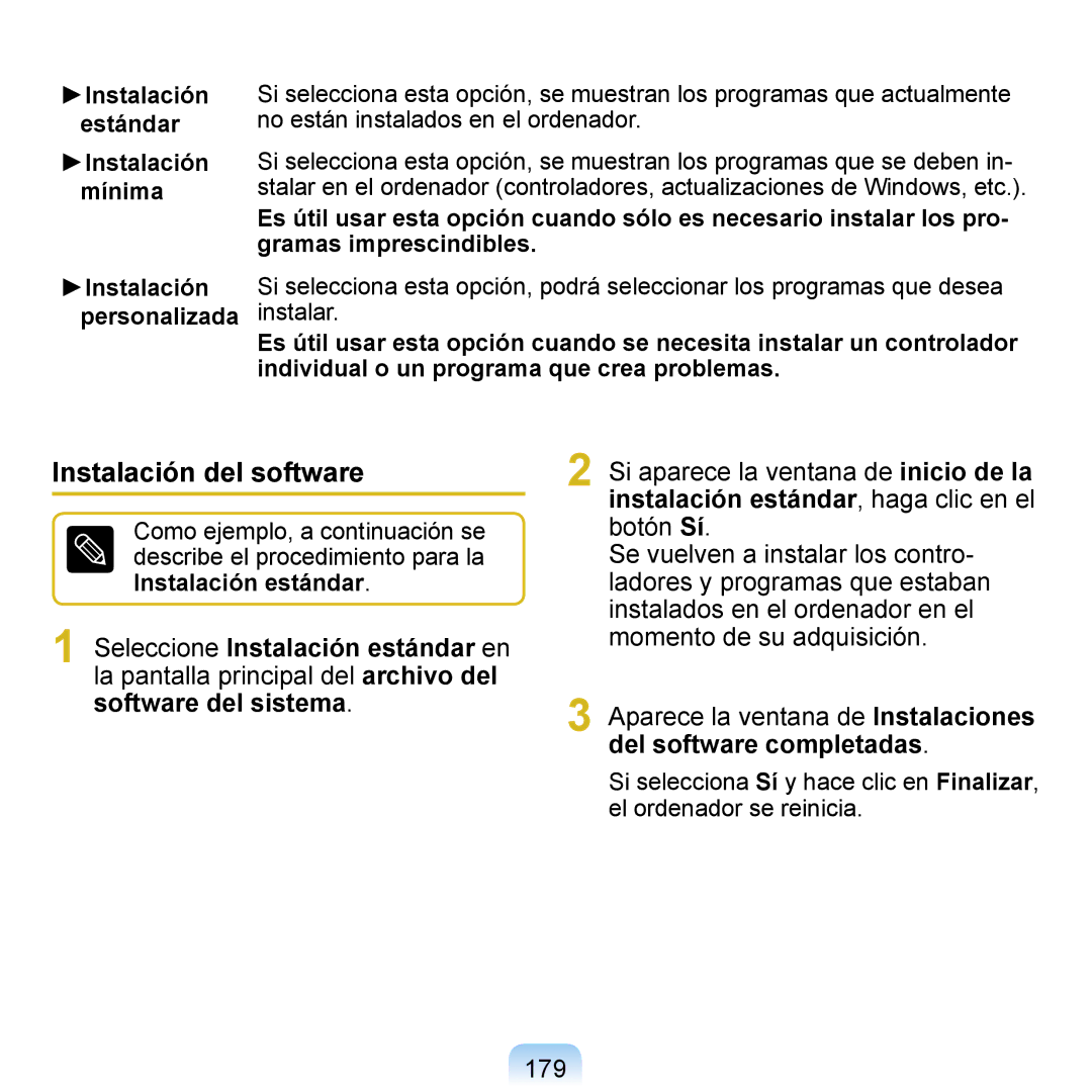 Samsung NP-Q1-M000/SES, NP-Q1-V005/SEI manual Instalación del software, 179, Instalación estándar Instalación mínima 