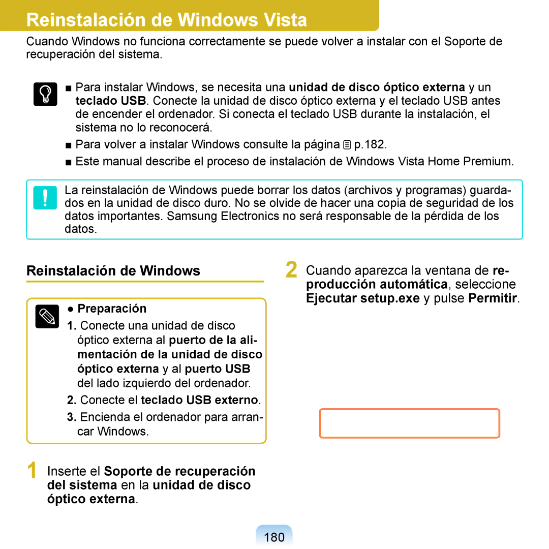 Samsung NP-Q1-V005/SEI, NP-Q1-V000/SES Reinstalación de Windows Vista, 180, Preparación, Conecte el teclado USB externo 