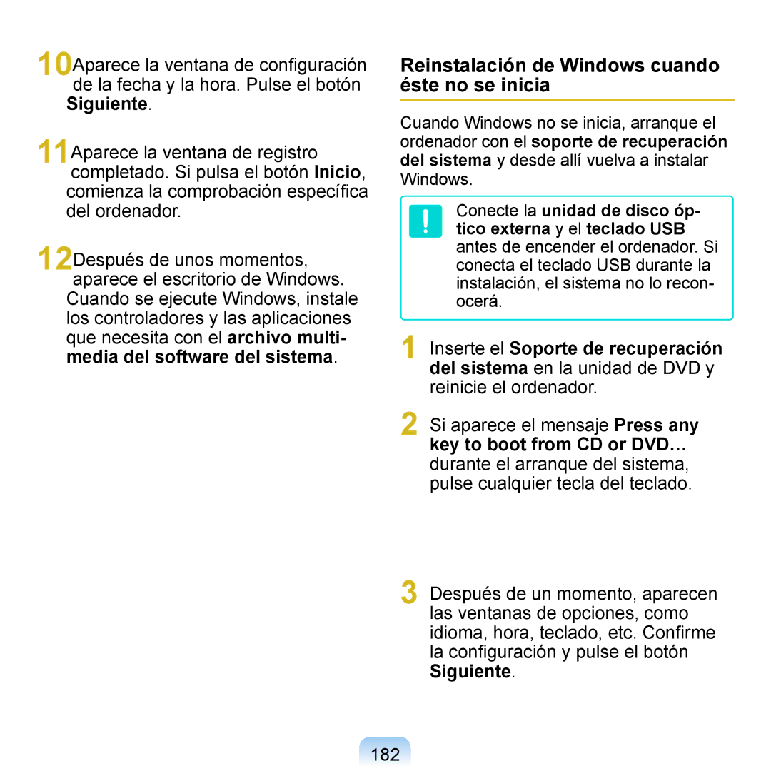 Samsung NP-Q1-M000/SES, NP-Q1-V005/SEI, NP-Q1-V000/SES manual Reinstalación de Windows cuando éste no se inicia, 182 