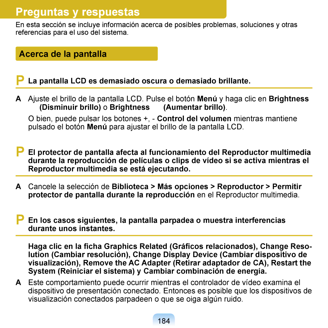 Samsung NP-Q1-V000/SES, NP-Q1-V005/SEI, NP-Q1-M000/SES manual Preguntas y respuestas, Acerca de la pantalla 