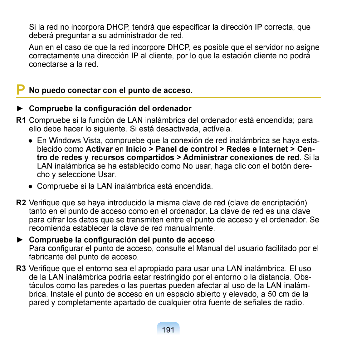 Samsung NP-Q1-M000/SES, NP-Q1-V005/SEI, NP-Q1-V000/SES manual Compruebe la conﬁguración del punto de acceso, 191 