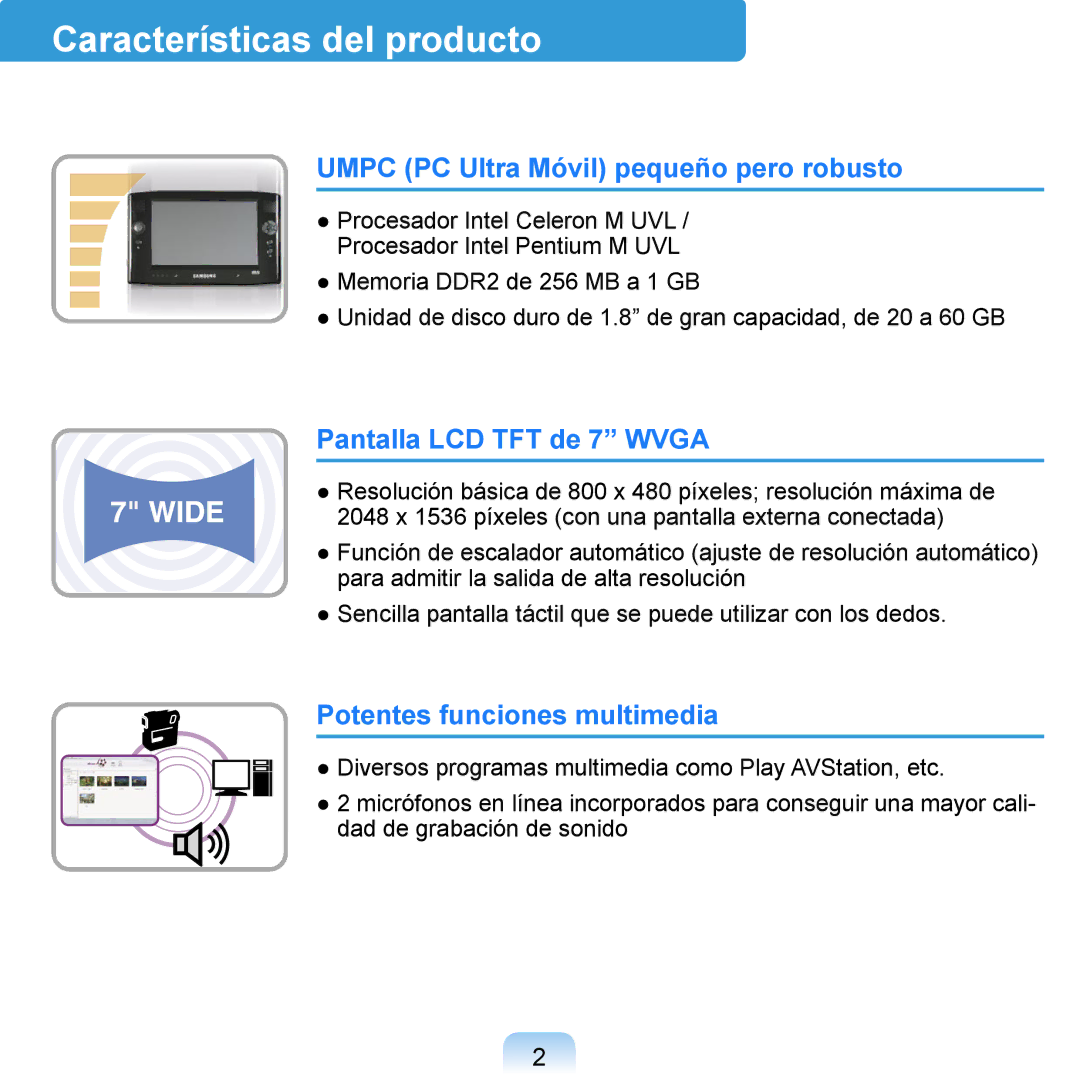 Samsung NP-Q1-M000/SES Características del producto, Umpc PC Ultra Móvil pequeño pero robusto, Pantalla LCD TFT de 7 Wvga 