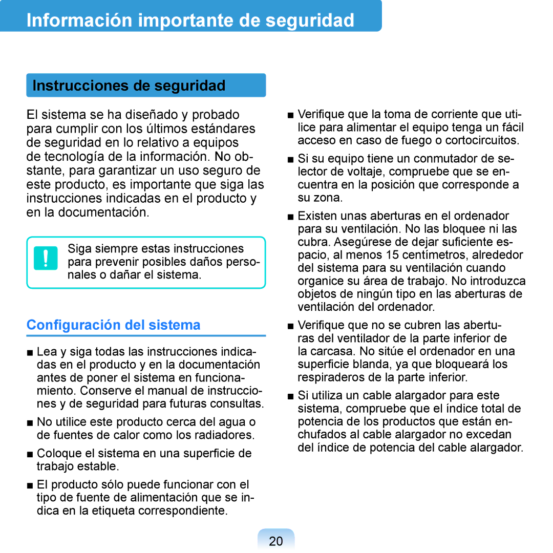 Samsung NP-Q1-M000/SES manual Información importante de seguridad, Instrucciones de seguridad, Conﬁguración del sistema 