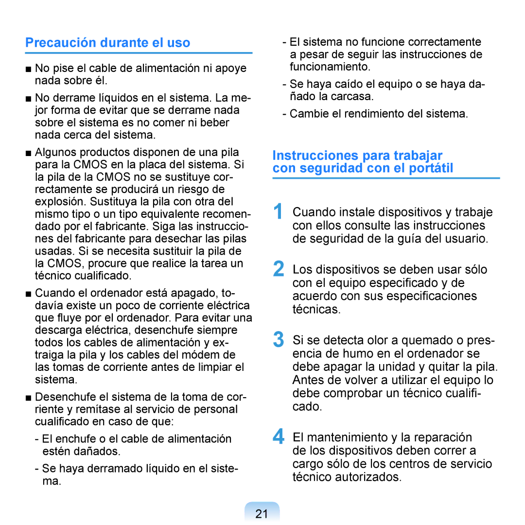 Samsung NP-Q1-V005/SEI manual Precaución durante el uso, Instrucciones para trabajar con seguridad con el portátil 