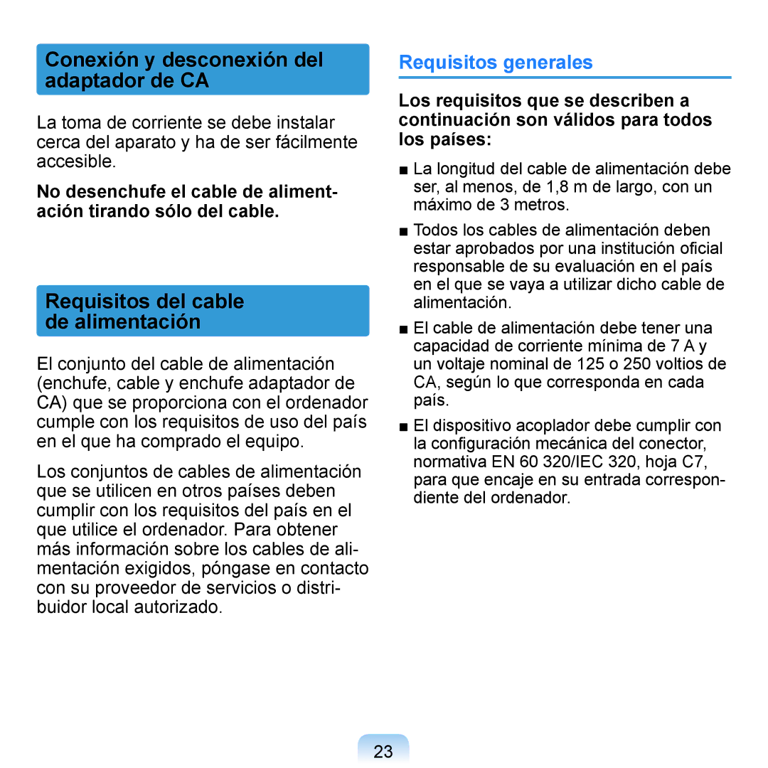 Samsung NP-Q1-M000/SES, NP-Q1-V005/SEI Conexión y desconexión del adaptador de CA, Requisitos del cable de alimentación 