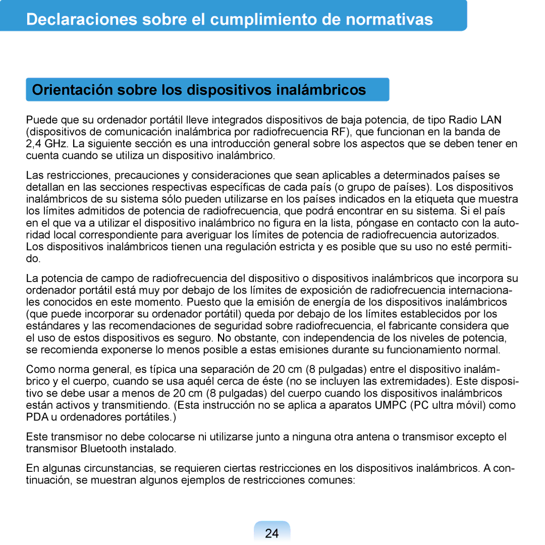 Samsung NP-Q1-V005/SEI Declaraciones sobre el cumplimiento de normativas, Orientación sobre los dispositivos inalámbricos 