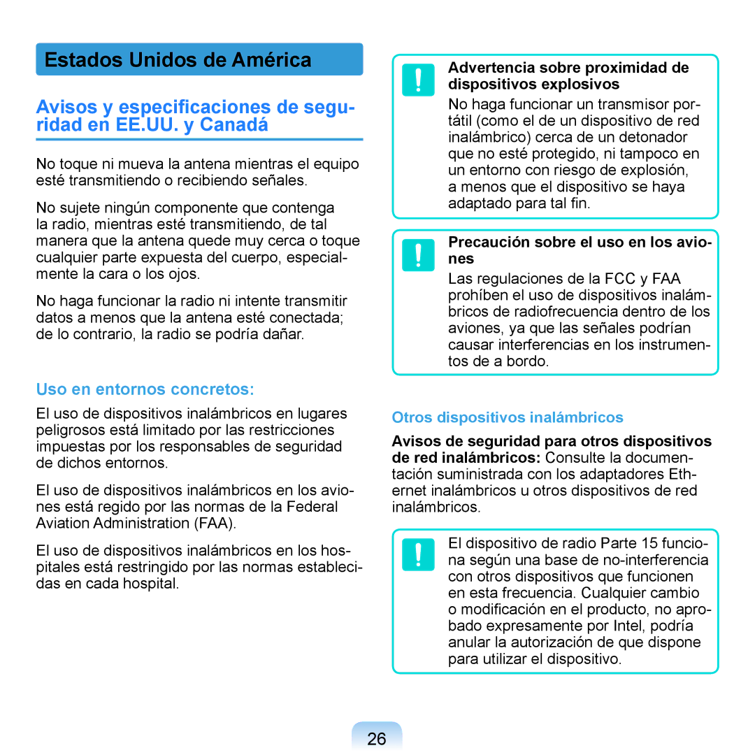 Samsung NP-Q1-M000/SES manual Estados Unidos de América, Avisos y especiﬁcaciones de segu- ridad en EE.UU. y Canadá 