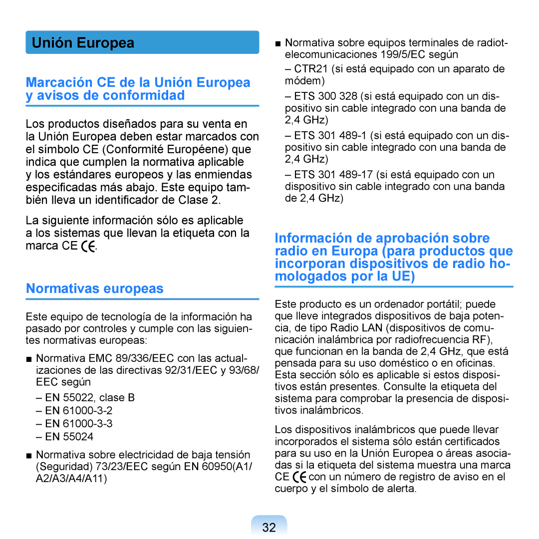 Samsung NP-Q1-M000/SES, NP-Q1-V005/SEI Marcación CE de la Unión Europea y avisos de conformidad, Normativas europeas 