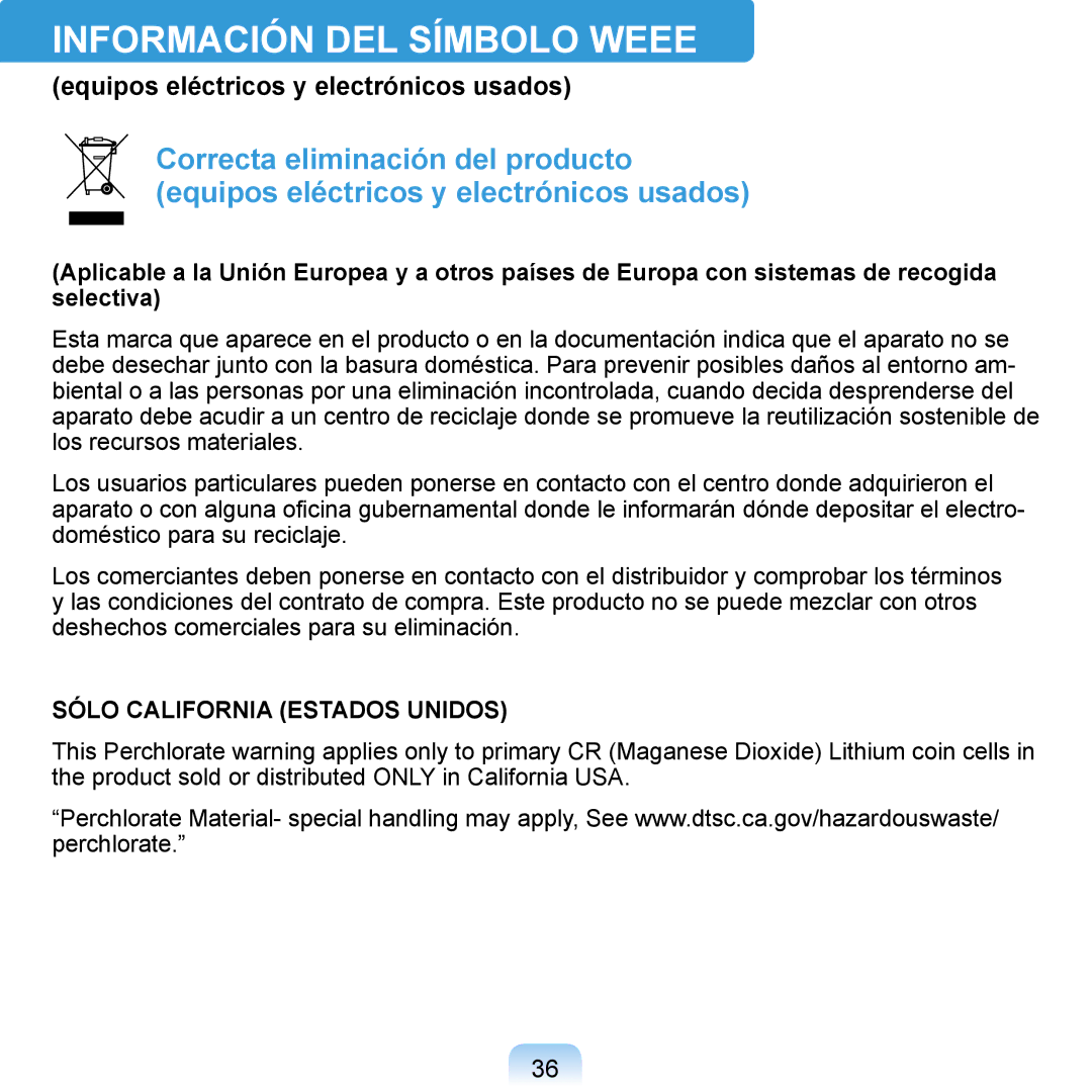 Samsung NP-Q1-V005/SEI, NP-Q1-V000/SES manual Información DEL Símbolo Weee, Equipos eléctricos y electrónicos usados 