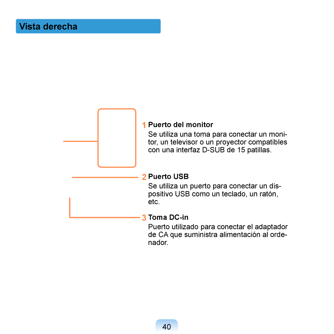 Samsung NP-Q1-V000/SES, NP-Q1-V005/SEI, NP-Q1-M000/SES manual Vista derecha, Puerto del monitor, Puerto USB, Toma DC-in 