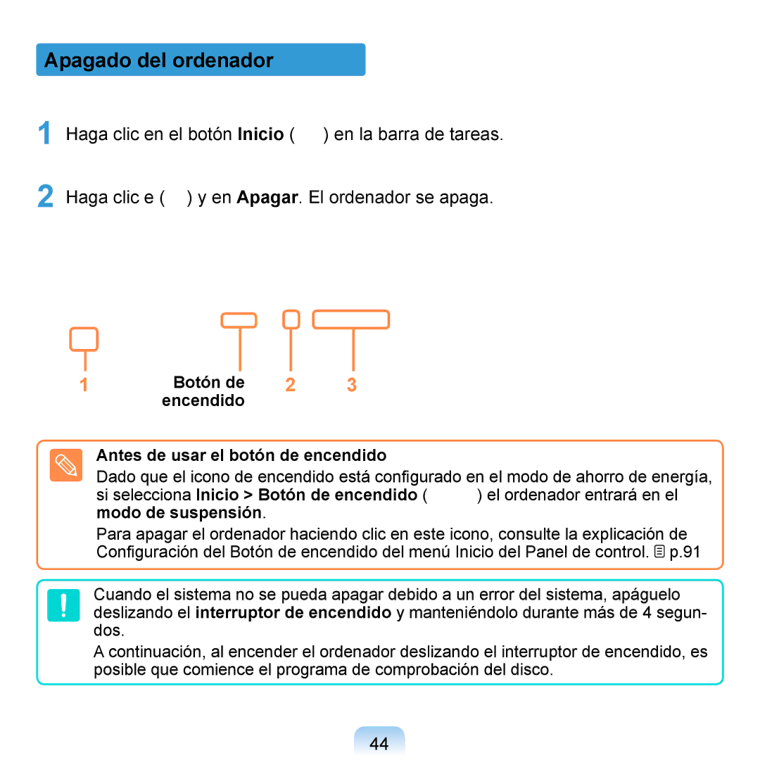 Samsung NP-Q1-M000/SES, NP-Q1-V005/SEI, NP-Q1-V000/SES manual Apagado del ordenador, Antes de usar el botón de encendido 