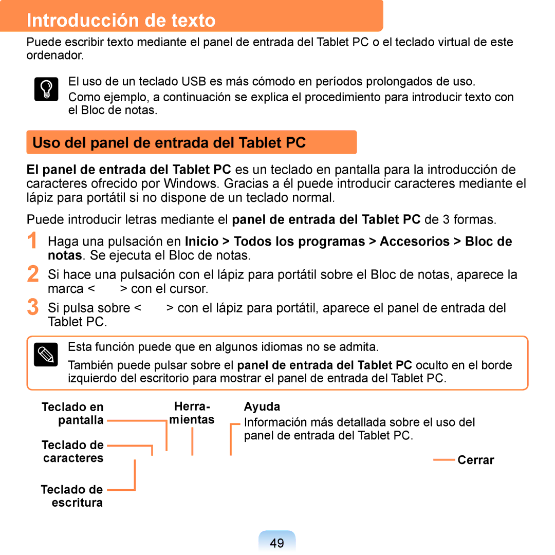 Samsung NP-Q1-V000/SES, NP-Q1-V005/SEI manual Introducción de texto, Uso del panel de entrada del Tablet PC, Cerrar 