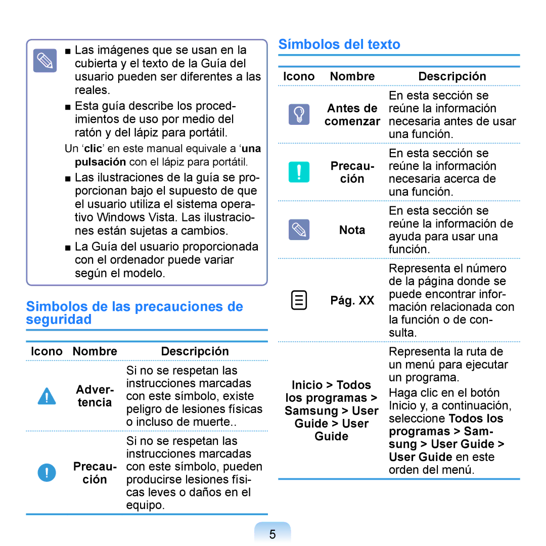 Samsung NP-Q1-M000/SES, NP-Q1-V005/SEI, NP-Q1-V000/SES manual Símbolos del texto, Simbolos de las precauciones de seguridad 