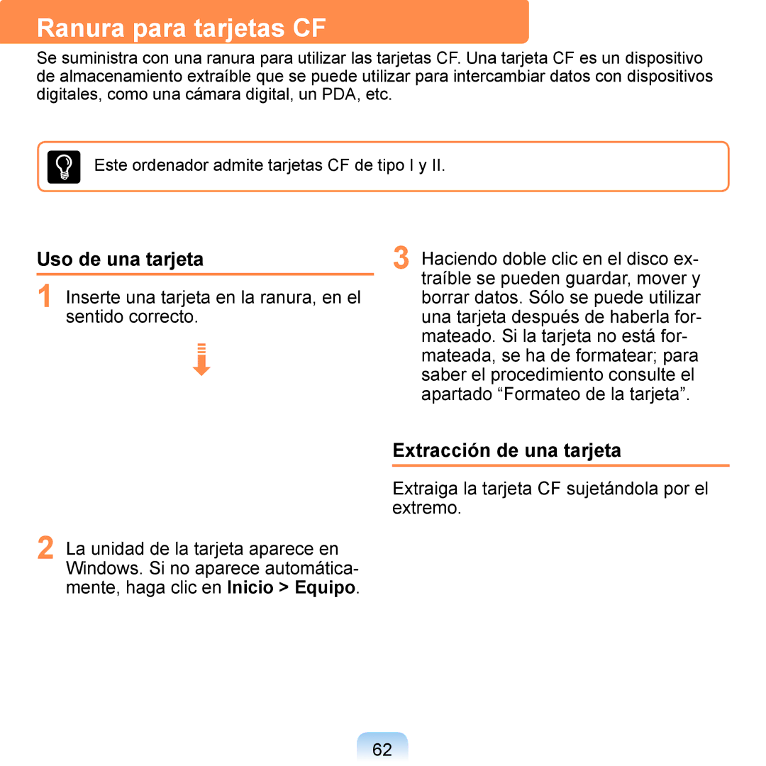 Samsung NP-Q1-M000/SES, NP-Q1-V005/SEI manual Ranura para tarjetas CF, Uso de una tarjeta, Extracción de una tarjeta 