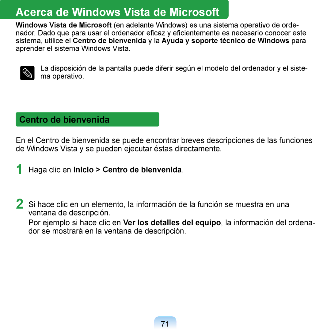 Samsung NP-Q1-M000/SES, NP-Q1-V005/SEI, NP-Q1-V000/SES manual Acerca de Windows Vista de Microsoft, Centro de bienvenida 