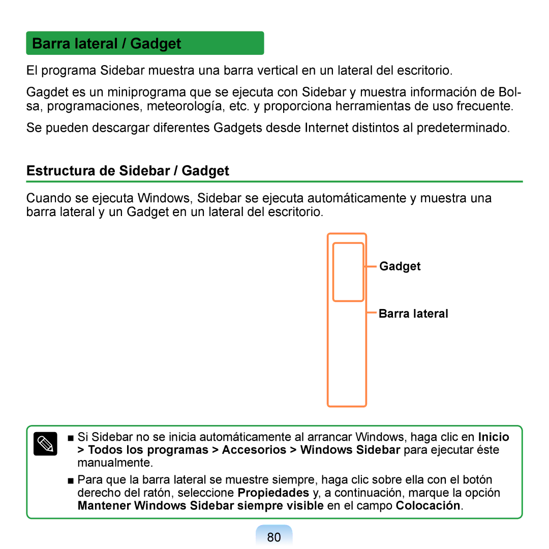 Samsung NP-Q1-M000/SES, NP-Q1-V005/SEI manual Barra lateral / Gadget, Estructura de Sidebar / Gadget, Gadget Barra lateral 