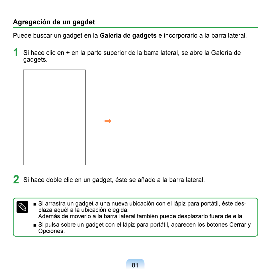 Samsung NP-Q1-V005/SEI, NP-Q1-V000/SES, NP-Q1-M000/SES manual Agregación de un gagdet 