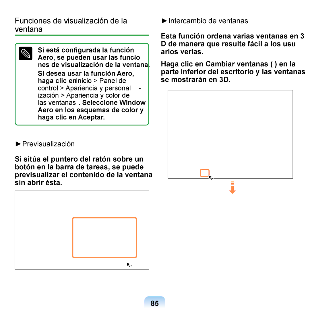 Samsung NP-Q1-V000/SES, NP-Q1-V005/SEI Funciones de visualización de la ventana, Previsualización, Intercambio de ventanas 