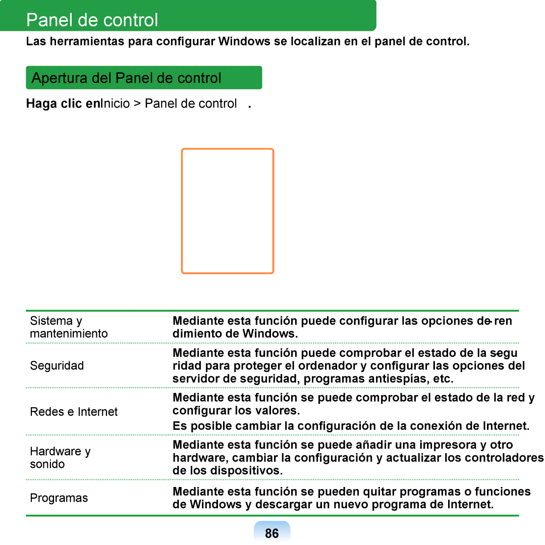 Samsung NP-Q1-M000/SES, NP-Q1-V005/SEI manual Apertura del Panel de control, Haga clic en Inicio Panel de control 