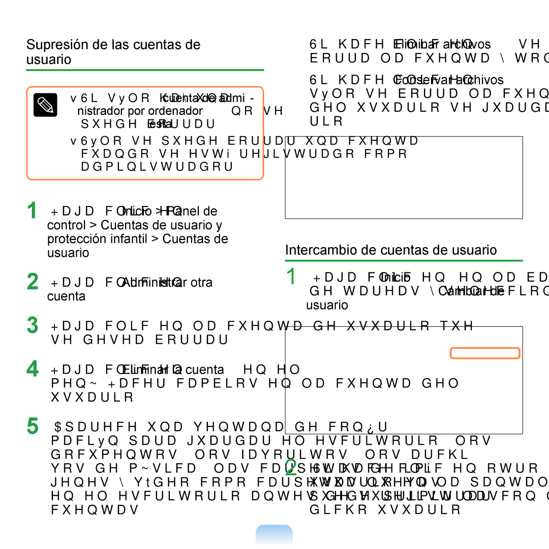 Samsung NP-Q1-M000/SES, NP-Q1-V005/SEI manual Supresión de las cuentas de usuario, Intercambio de cuentas de usuario 