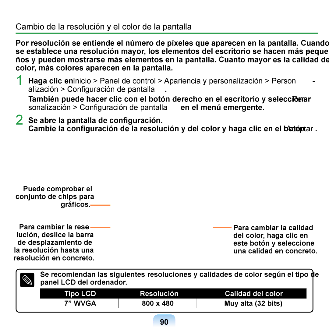 Samsung NP-Q1-V005/SEI, NP-Q1-V000/SES, NP-Q1-M000/SES manual Cambio de la resolución y el color de la pantalla 