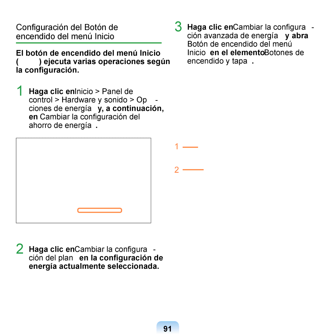 Samsung NP-Q1-V000/SES, NP-Q1-V005/SEI, NP-Q1-M000/SES manual Conﬁguración del Botón de encendido del menú Inicio 