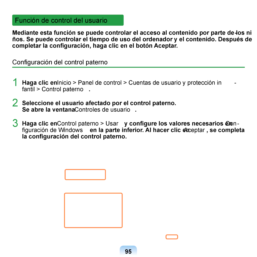 Samsung NP-Q1-M000/SES, NP-Q1-V005/SEI, NP-Q1-V000/SES Función de control del usuario, Conﬁguración del control paterno 