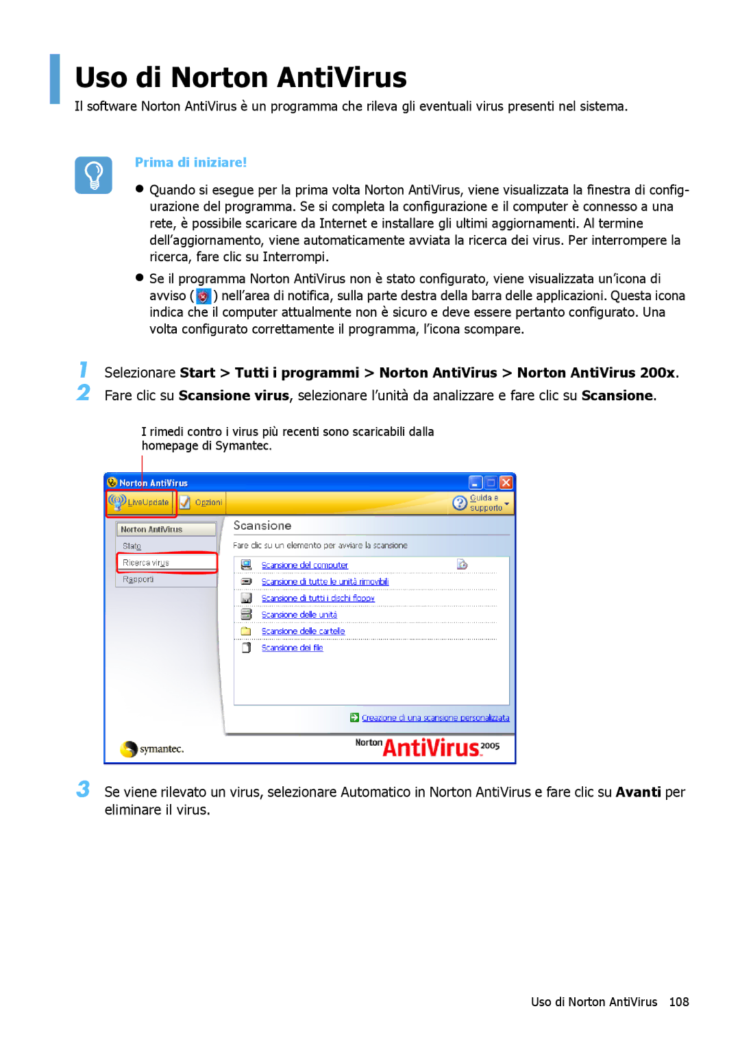 Samsung NP-Q1BM001/SEI manual Uso di Norton AntiVirus 