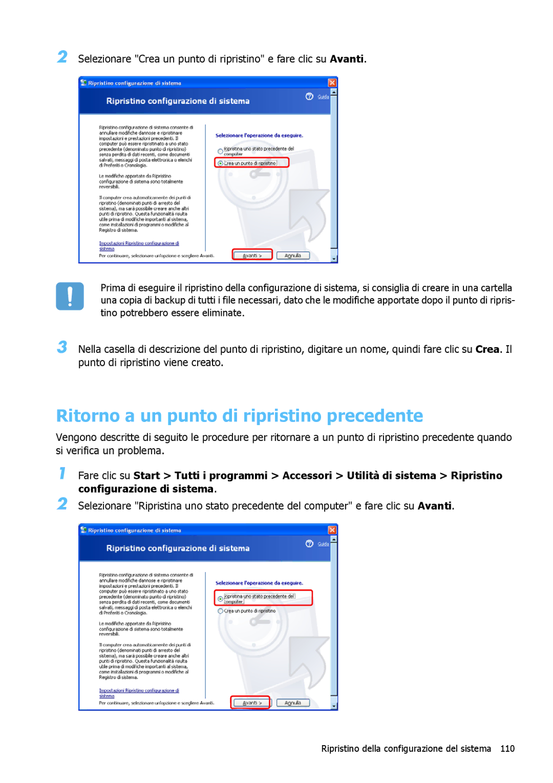 Samsung NP-Q1BM001/SEI manual Ritorno a un punto di ripristino precedente 