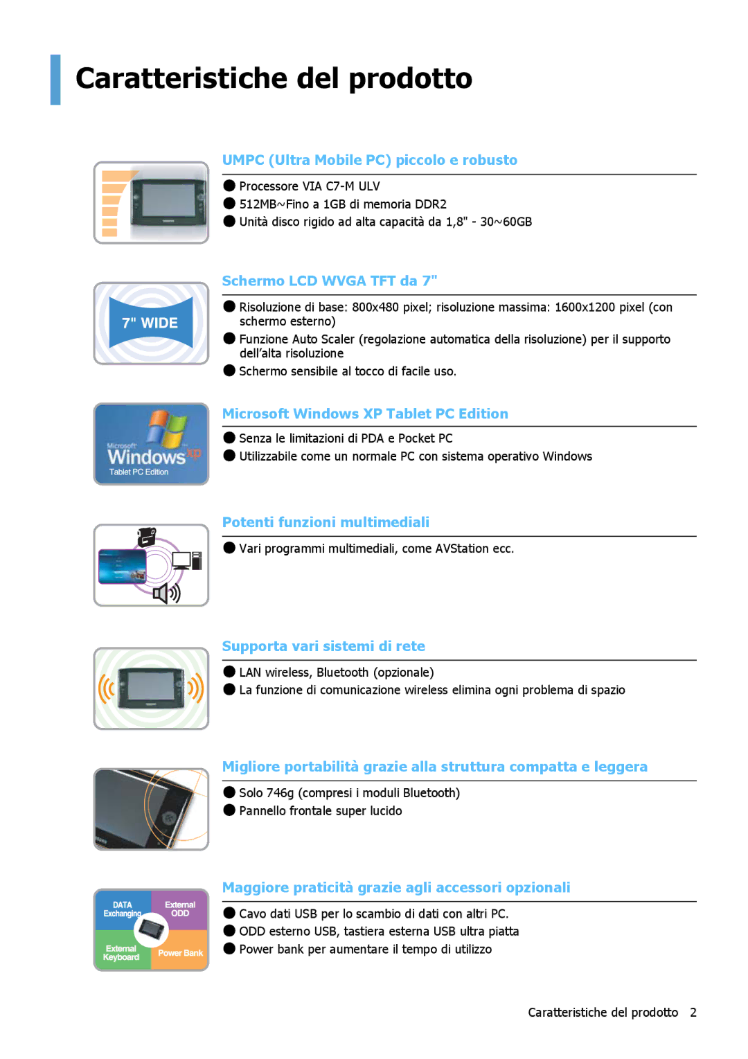 Samsung NP-Q1BM001/SEI manual Caratteristiche del prodotto, Umpc Ultra Mobile PC piccolo e robusto 