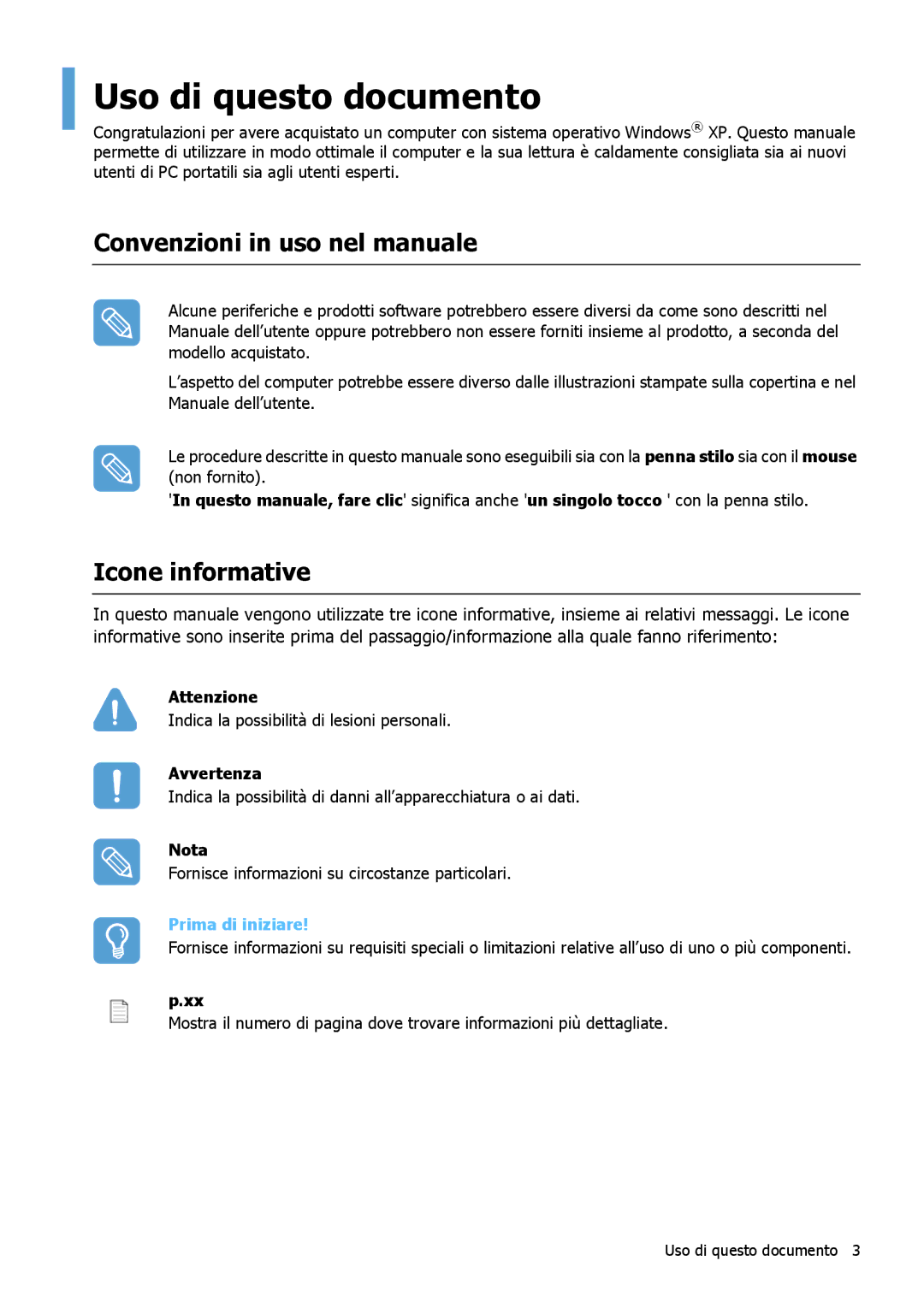 Samsung NP-Q1BM001/SEI Uso di questo documento, Convenzioni in uso nel manuale, Icone informative 