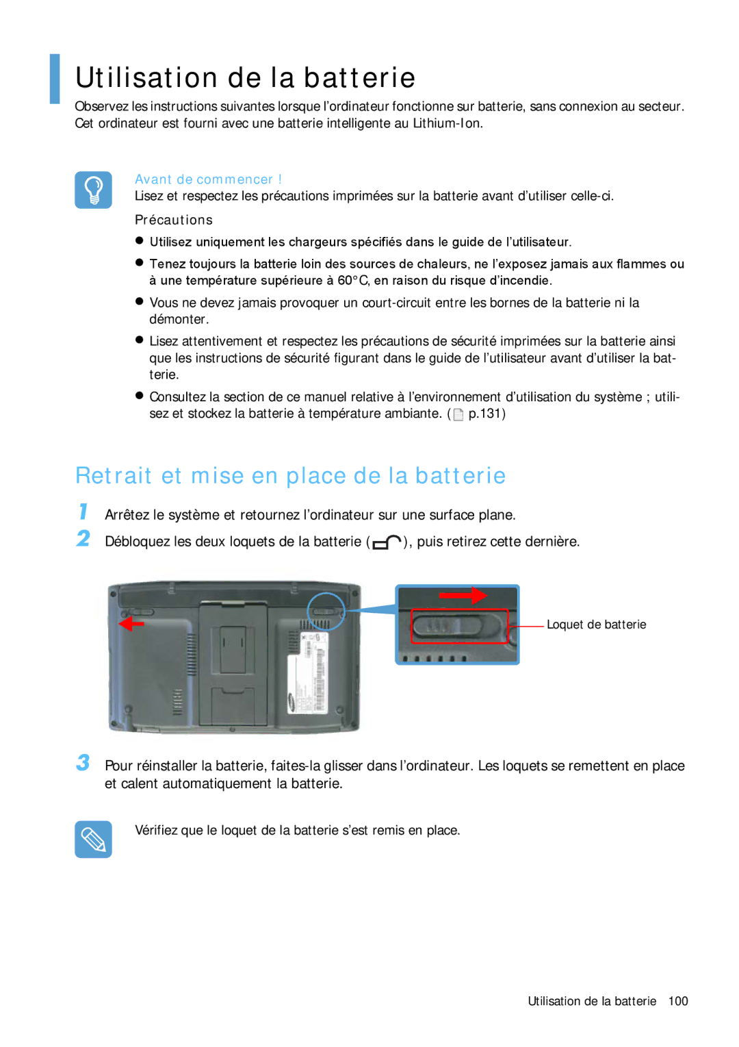 Samsung NP-Q1BV000/SEF, NP-Q1BV003/SEF Utilisation de la batterie, Retrait et mise en place de la batterie, Précautions 